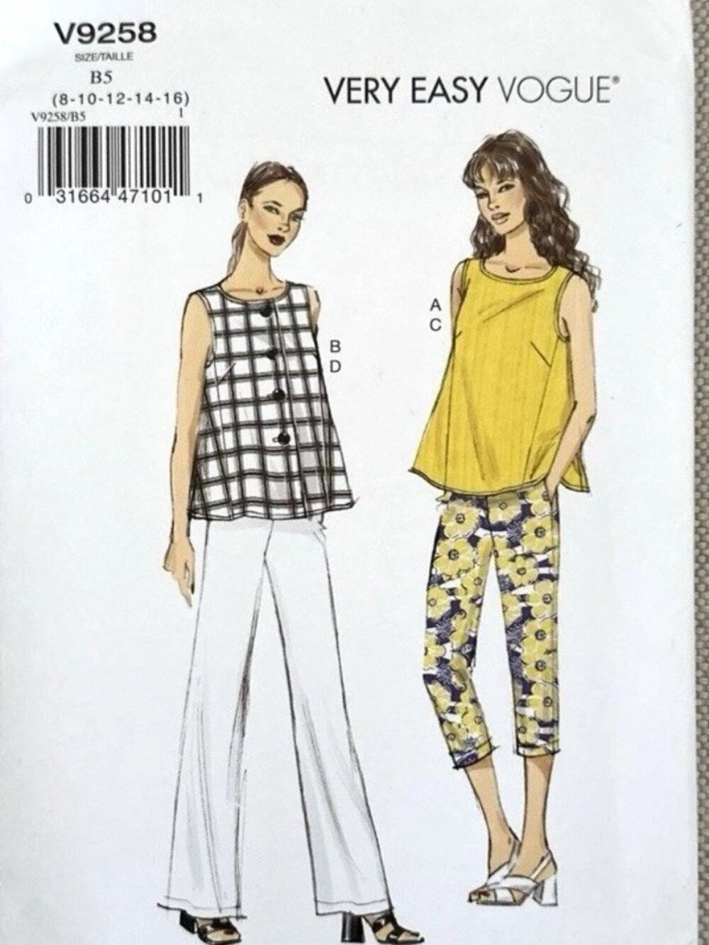 Vogue V9258 Misses' Sleeveless Tops with Pull-On Pants-8-10-12-14-16